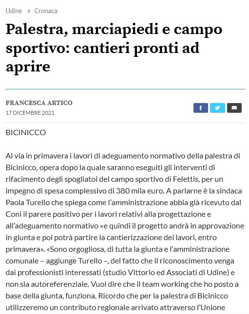 Adeguamento spogliatoi palestra di via Paviotti a Bicinicco